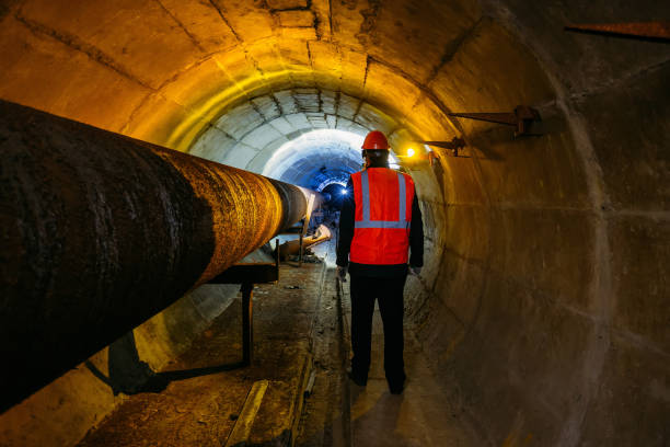 Tunnel worker examines pipeline in underground tunnel